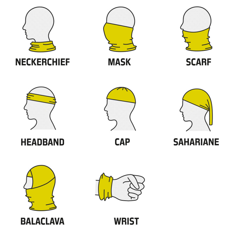 Die Vision Halskrause kann auf verschiedene Weise getragen werden: als Maske, Mütze, Ohrenwärmer, Schal, Halswärmer, Sturmhaube und mehr.